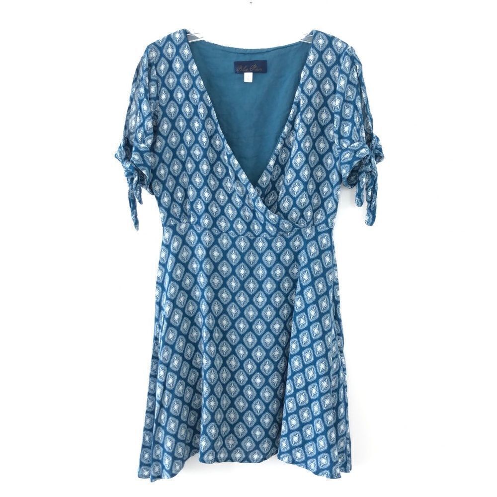 Blue Rain Wrap Front Short Tie Sleeve Summer Dress In Blue & White